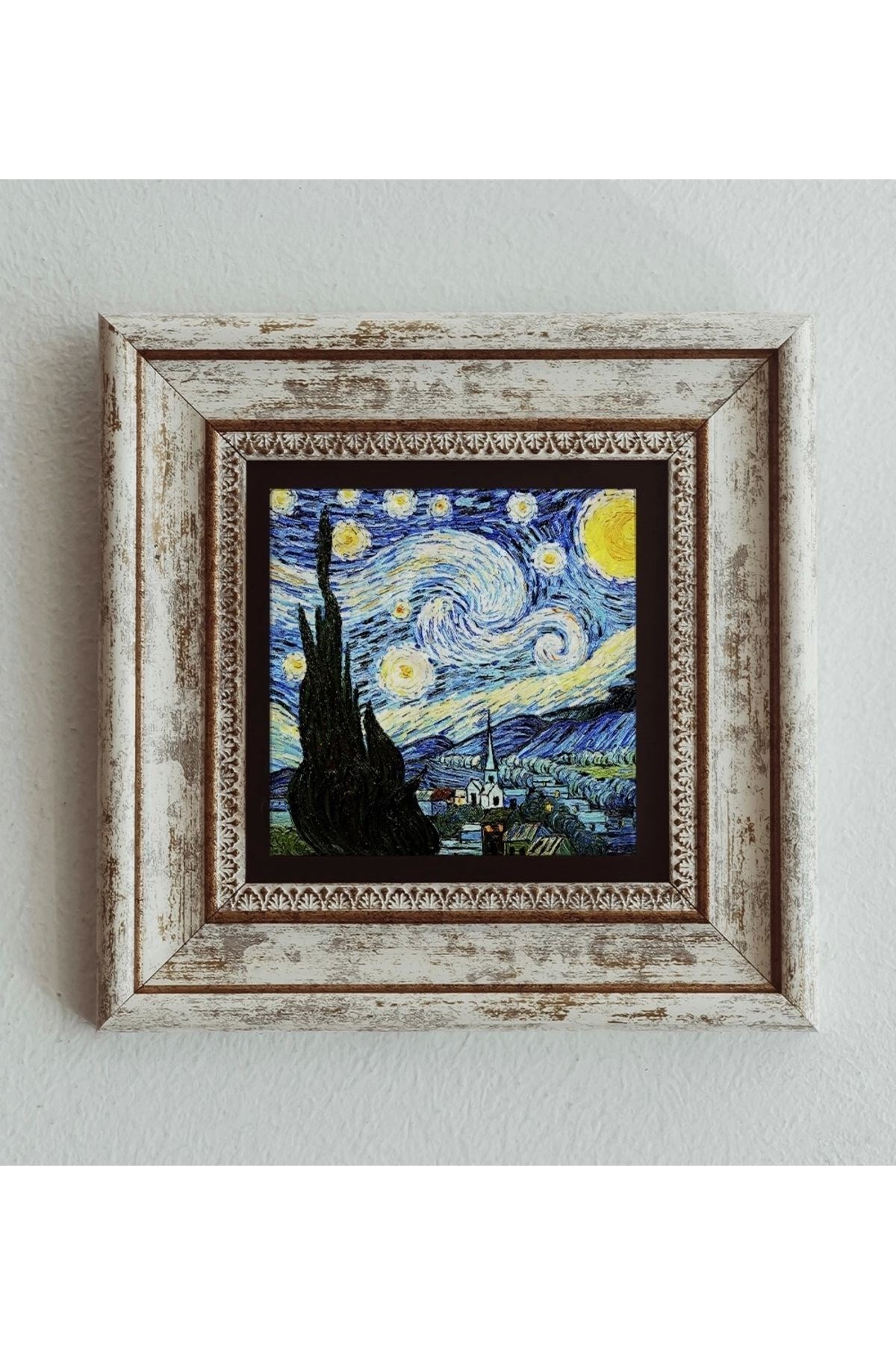 Vincent Van Gogh Starry Night Çerçeveli Taş Tablo , Çerçeveli Taş Duvar Dekoru 20 cm