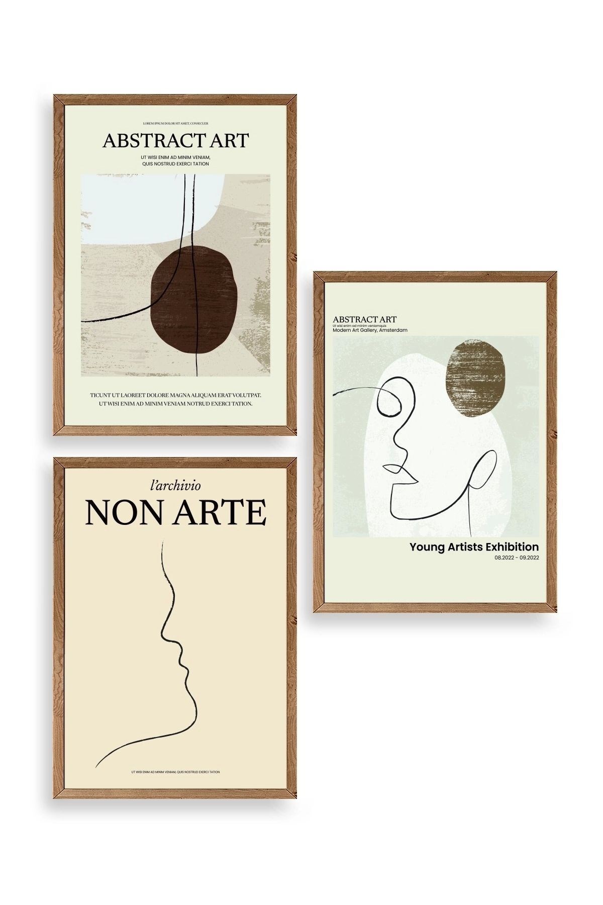 Soyut Sanat Üçlü Ahşap Çerçeveli Tablo 30 x 40