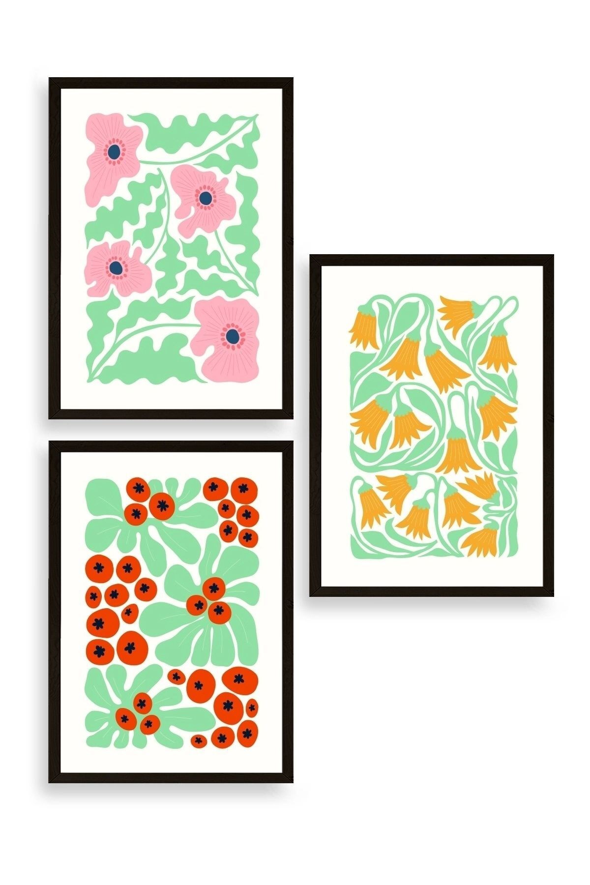 Çiçekler Üçlü Ahşap Çerçeveli Tablo 50 x 70