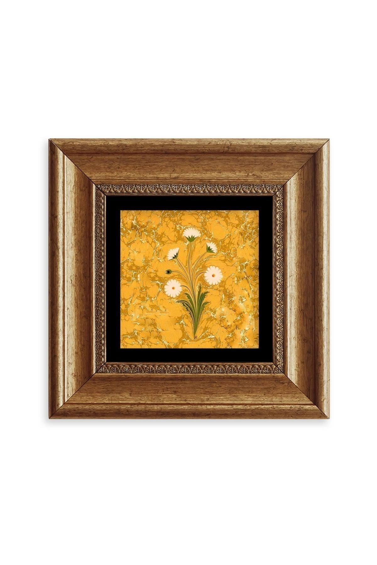 Ebru Sanatı Çiçek Çerçeveli Taş Tablo 20 cm