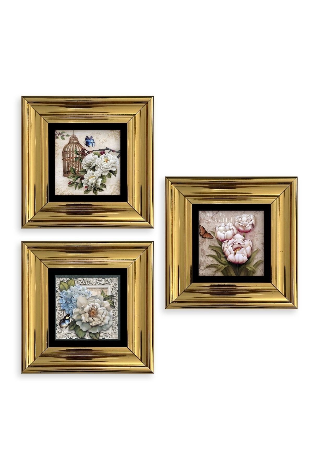Çiçekler 3 lü Set Çerçeveli Taş Tablo 20 cm