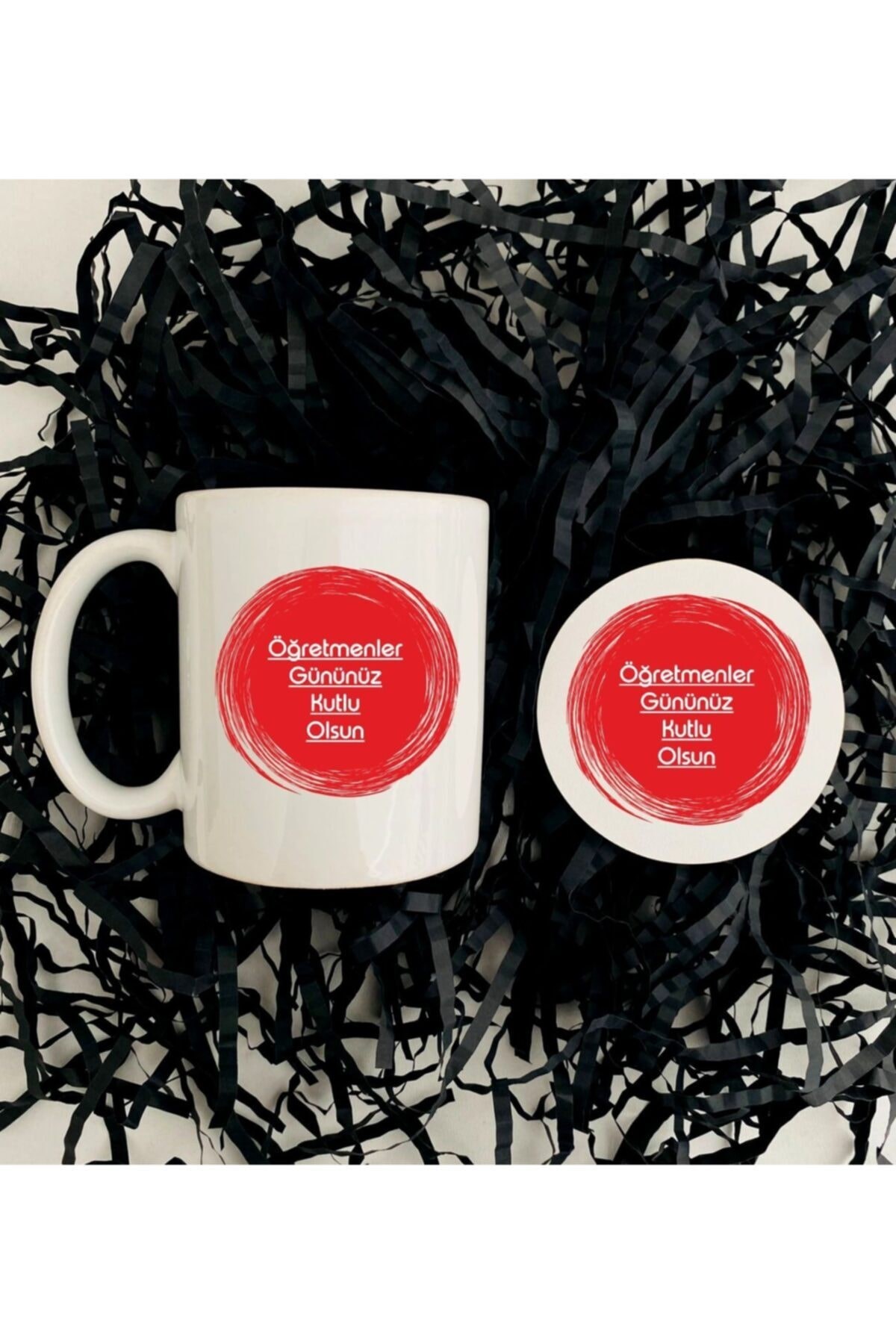 Öğretmenler Günü Kupa ve Ahşap Bardak Altlığı Seti -Kırmızı