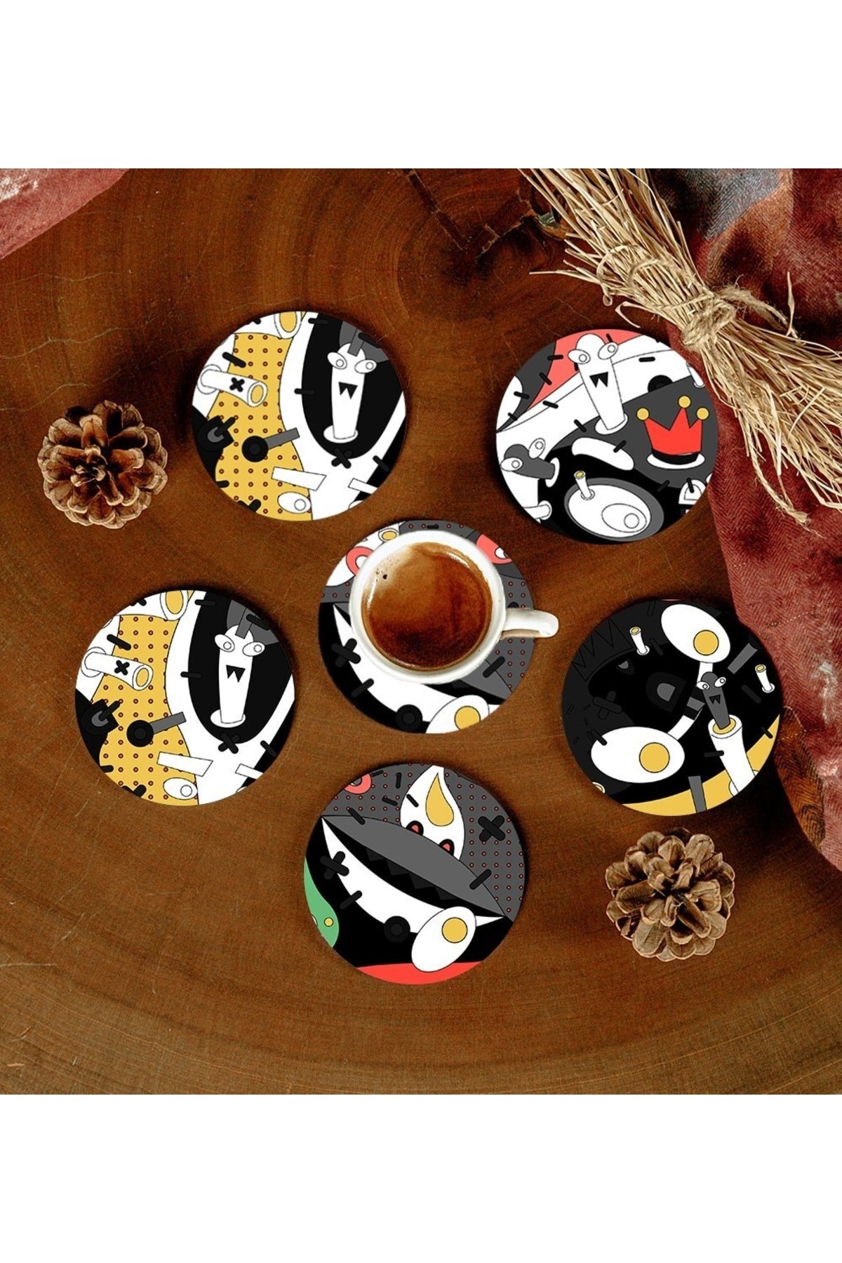 6 Adet Desenli Mdf Bardak Altlığı