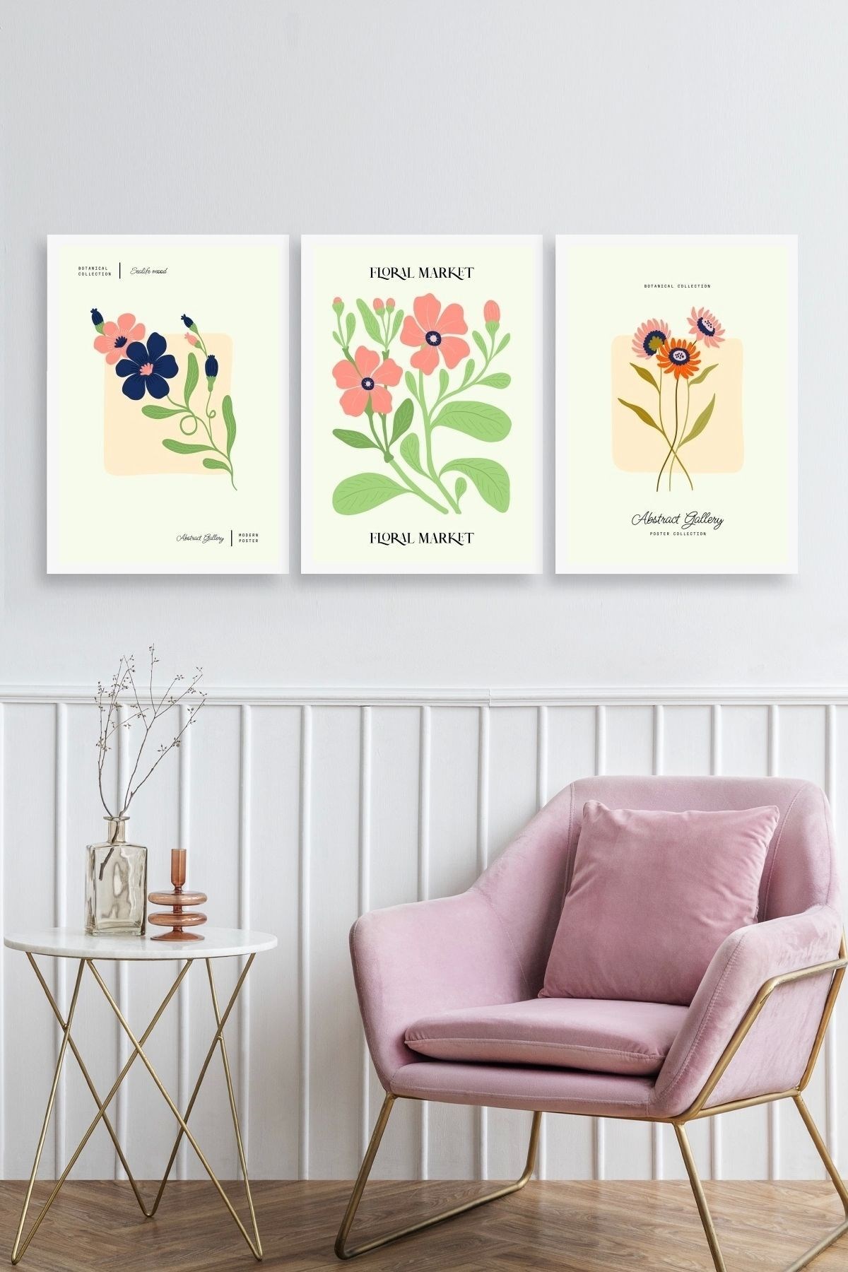 Flower Market Üçlü Ahşap Çerçeveli Tablo 30 x 40