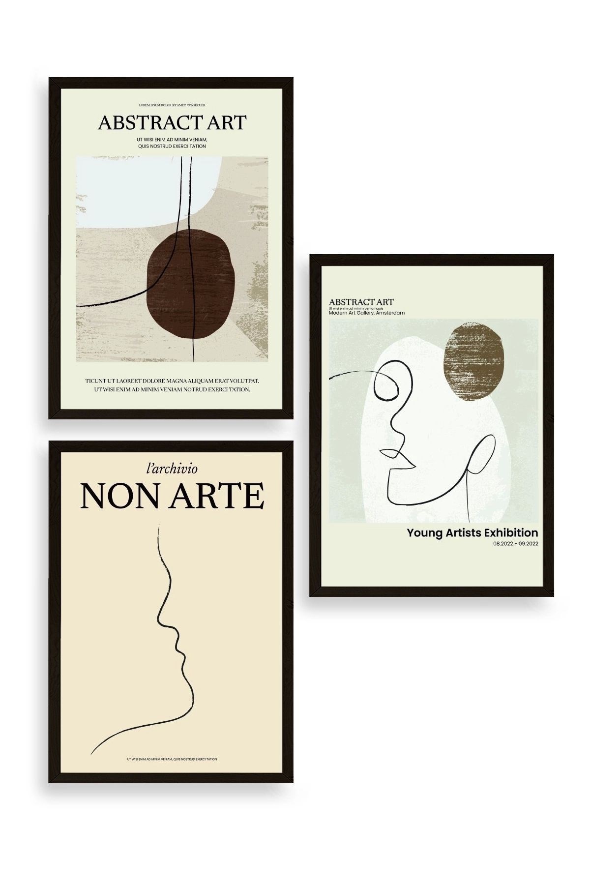 Soyut Sanat Üçlü Ahşap Çerçeveli Tablo 23 x 30