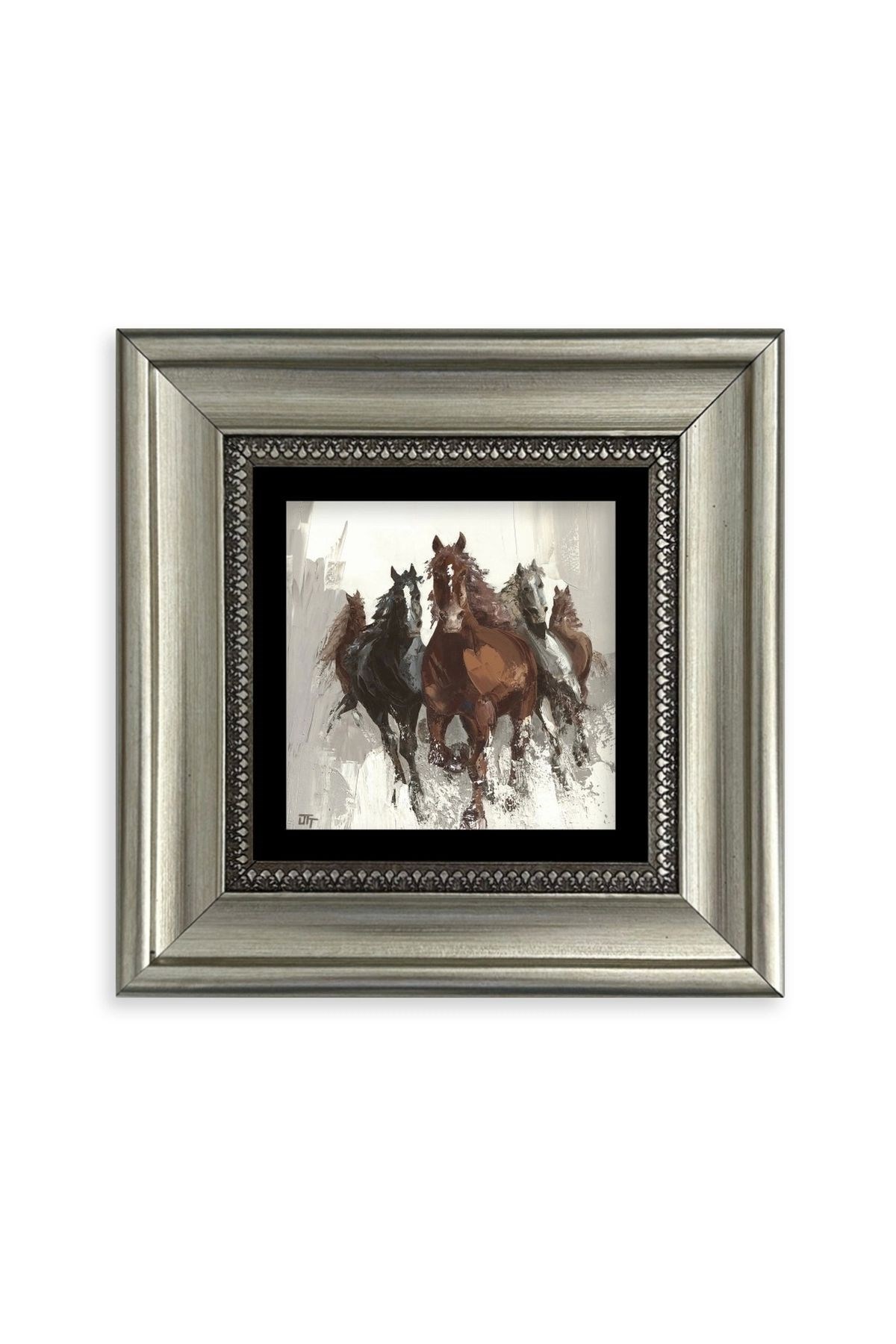 Koşan Atlar Yağlı Boya Çerçeveli Taş Tablo 20 cm