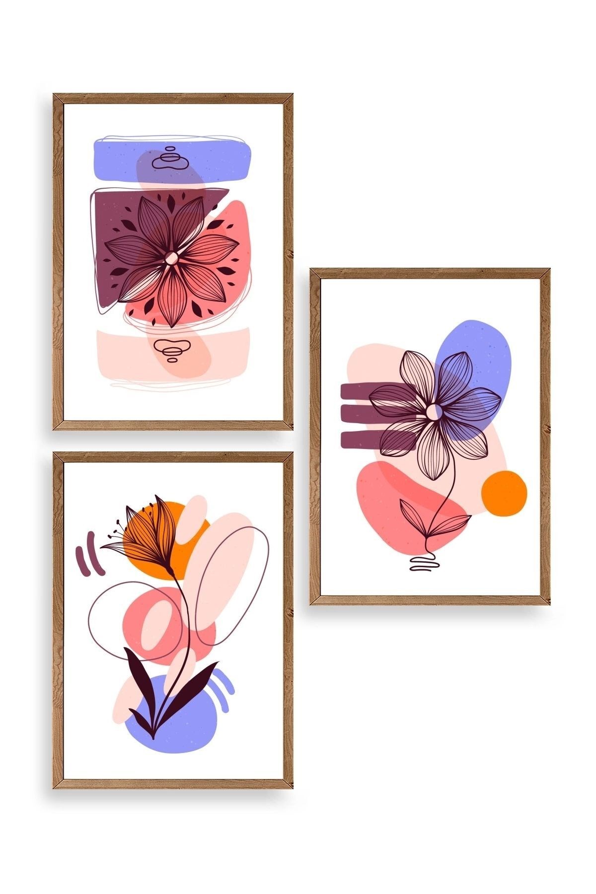 Çiçek Desenli Üçlü Ahşap Çerçeveli Tablo 23 x 30