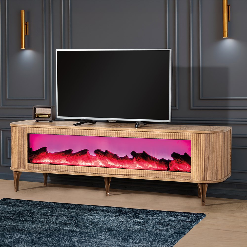 Heatwave Ceviz TV Ünitesi - 180 cm - Şömine Efektli, Bluetooth Ses Sistemli, Uzaktan Kumandalı