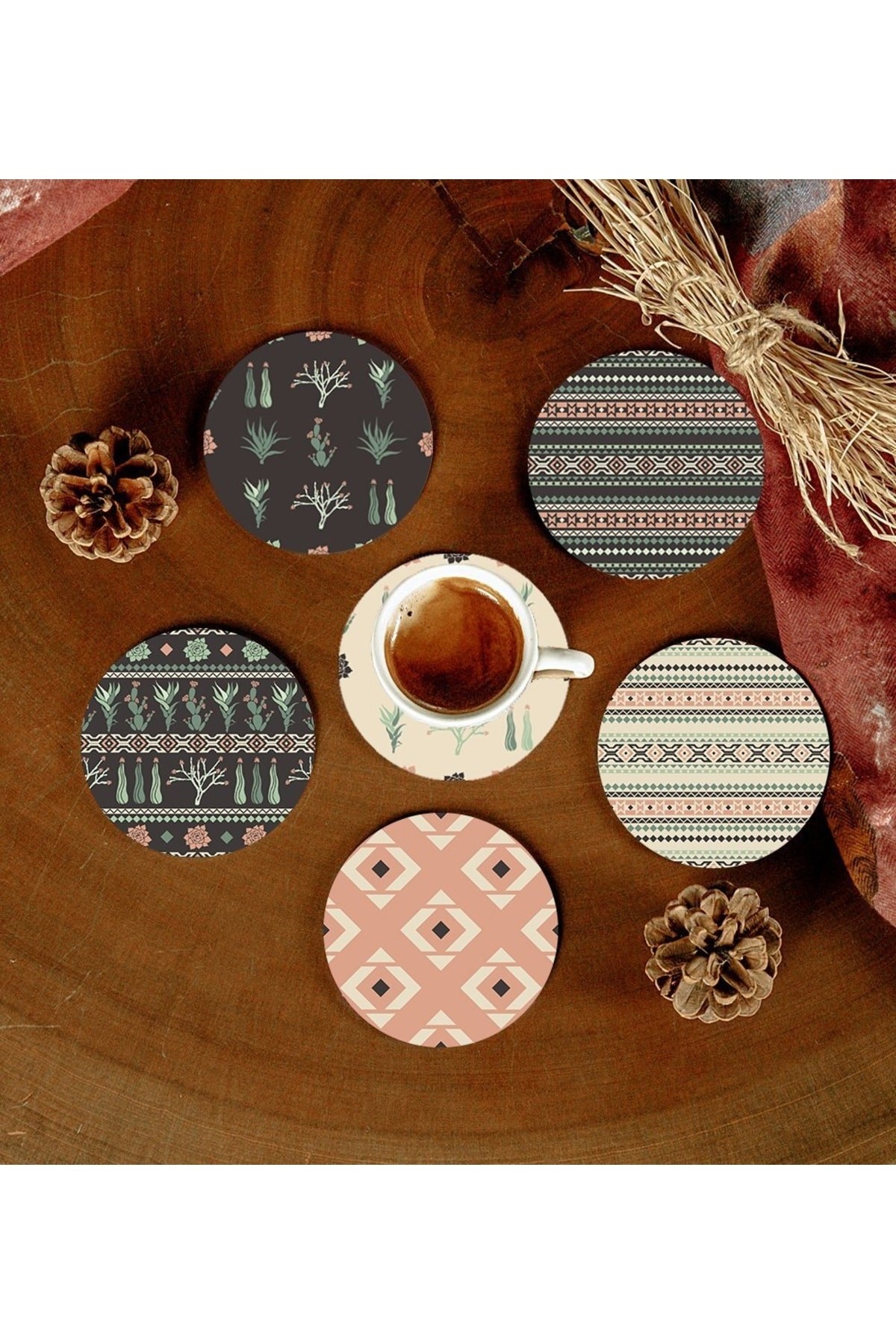 6 Adet Desenli Mdf Bardak Altlığı