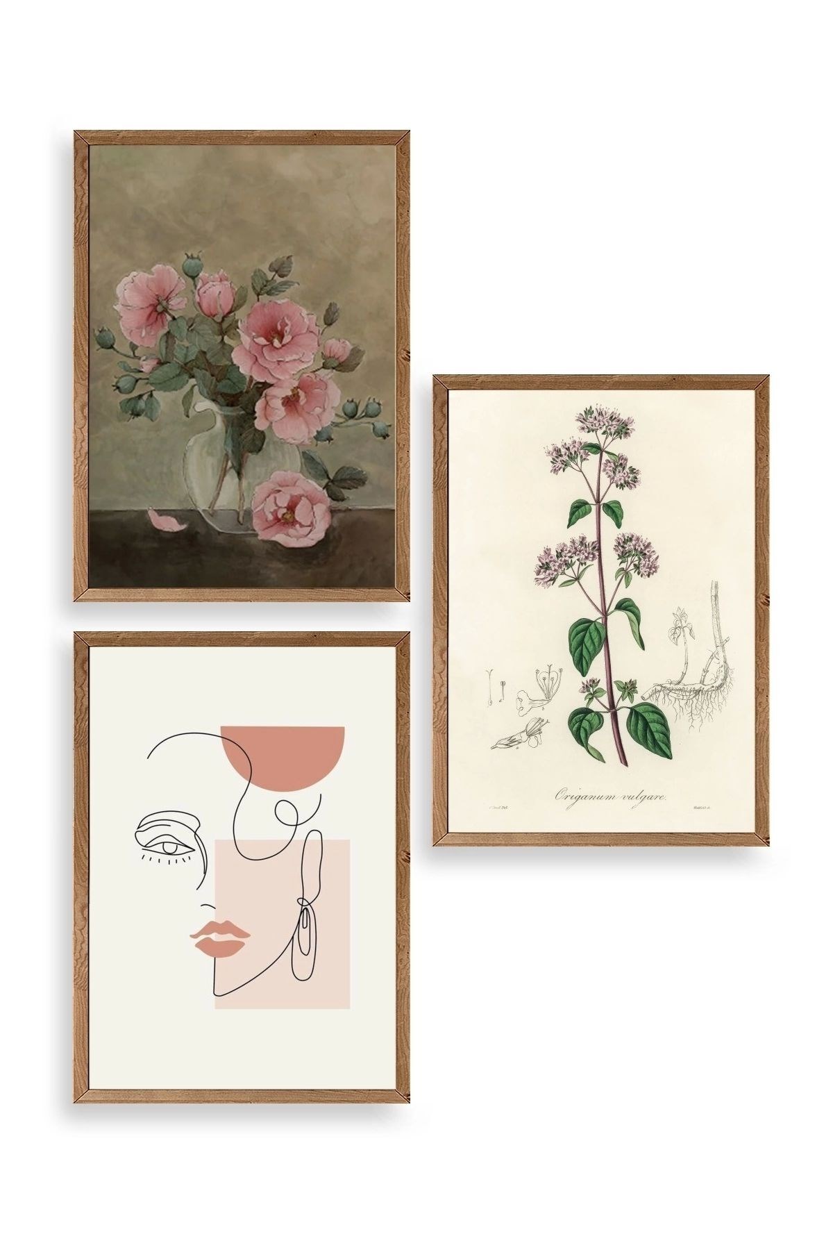 Çiçek Üçlü Ahşap Çerçeveli Tablo 23 x 30