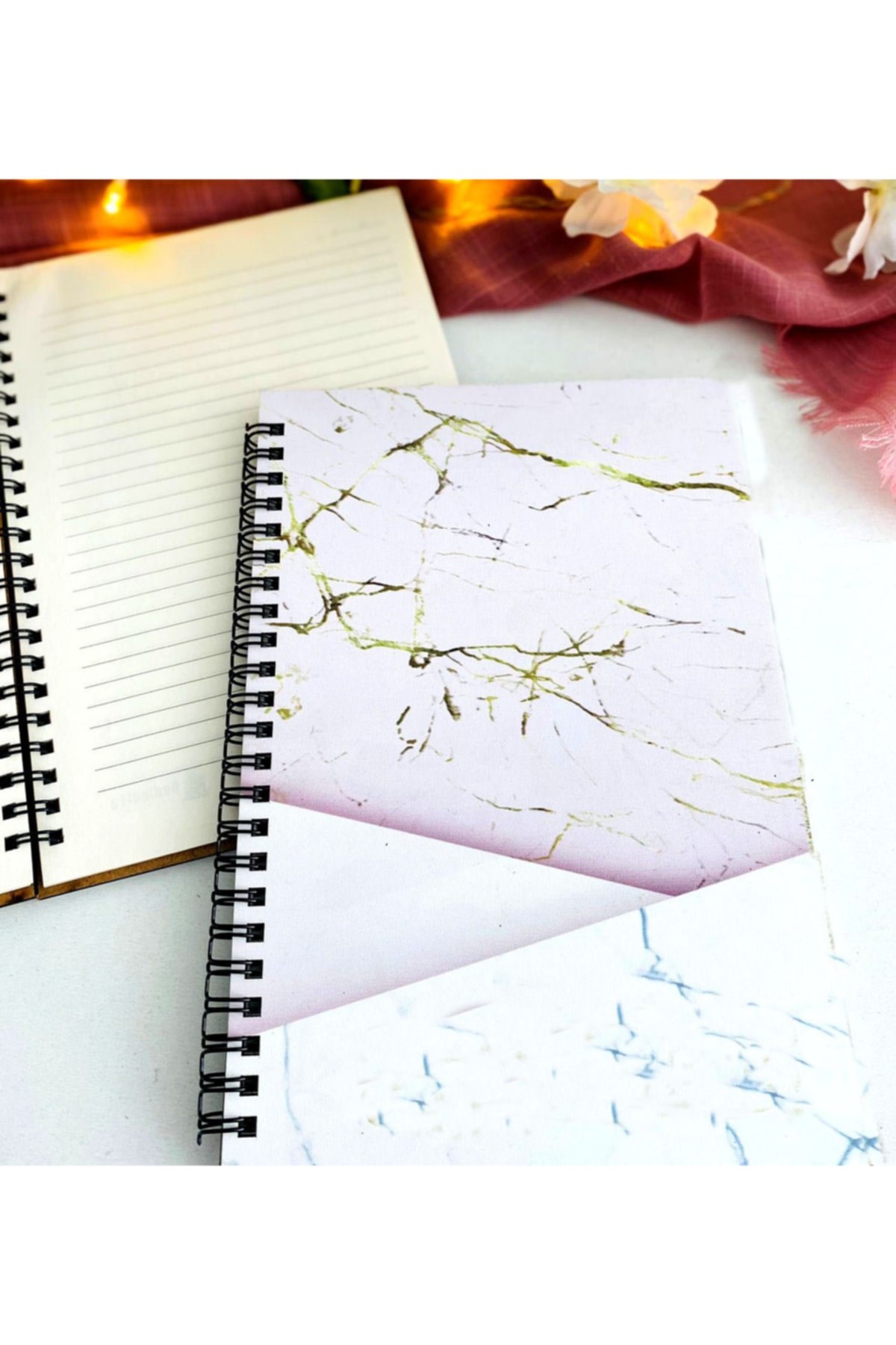 Pembe Mermer Desen Baskılı Ahşap Defter