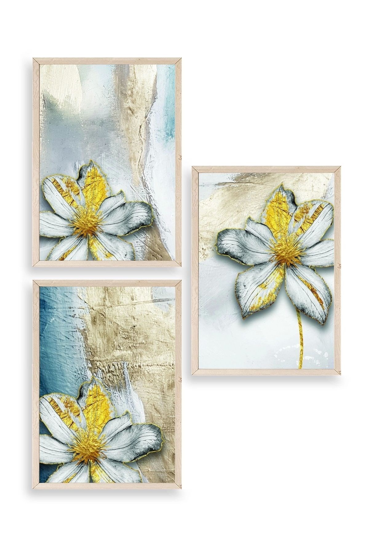 Çiçek Desenli Üçlü Ahşap Çerçeveli Tablo 30 x 42