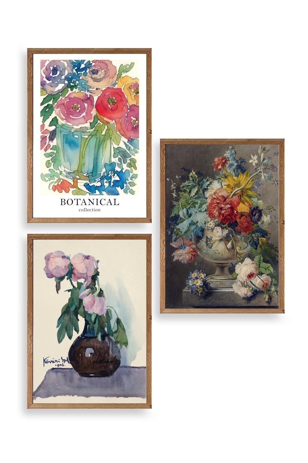 Çiçek Üçlü Ahşap Çerçeveli Tablo 30 x 40