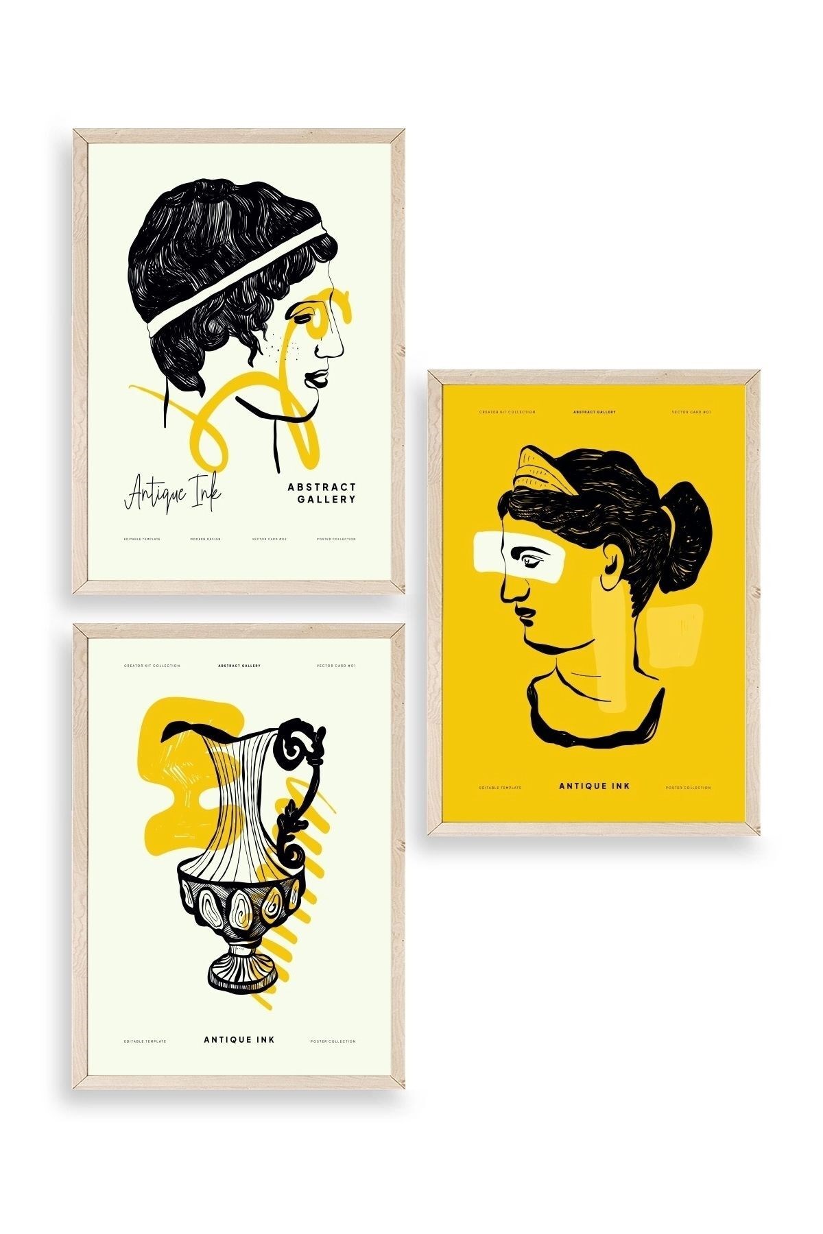 Soyut Üçlü Ahşap Çerçeveli Tablo 23 x 30