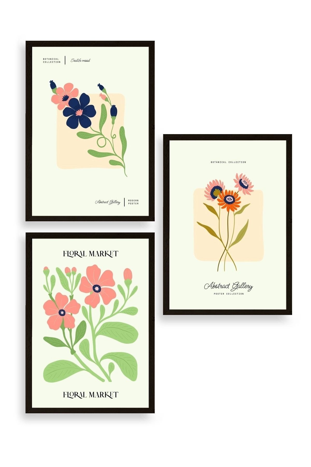 Flower Market Üçlü Ahşap Çerçeveli Tablo 50 x 70