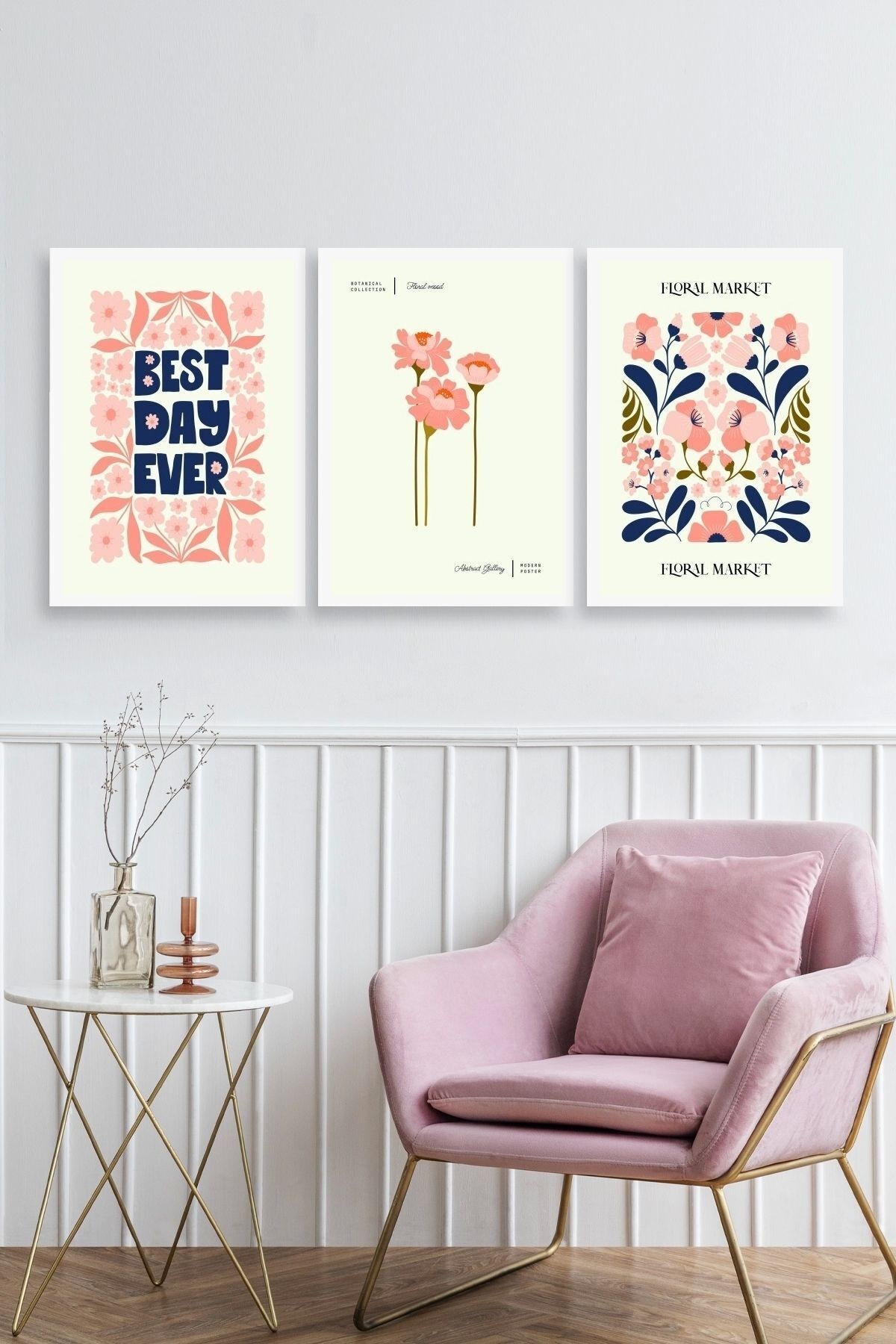 Flower Market Üçlü Ahşap Çerçeveli Tablo 23 x 30