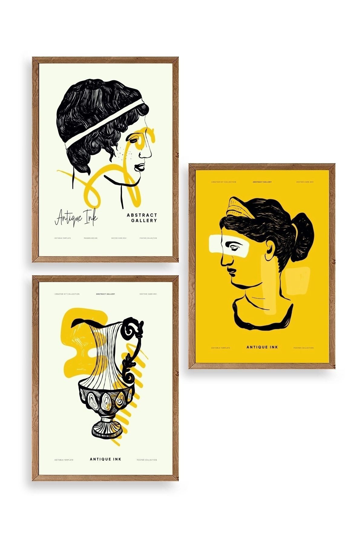 Soyut Üçlü Ahşap Çerçeveli Tablo 23 x 30