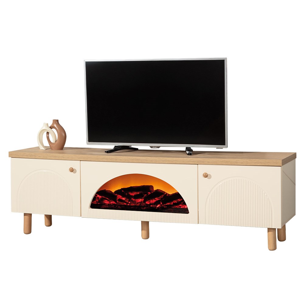 Optima Krem Şömineli TV Ünitesi - 180 cm - Bluetooth Ses Sistemli, Uzaktan Kumandalı, LED Işıklı
