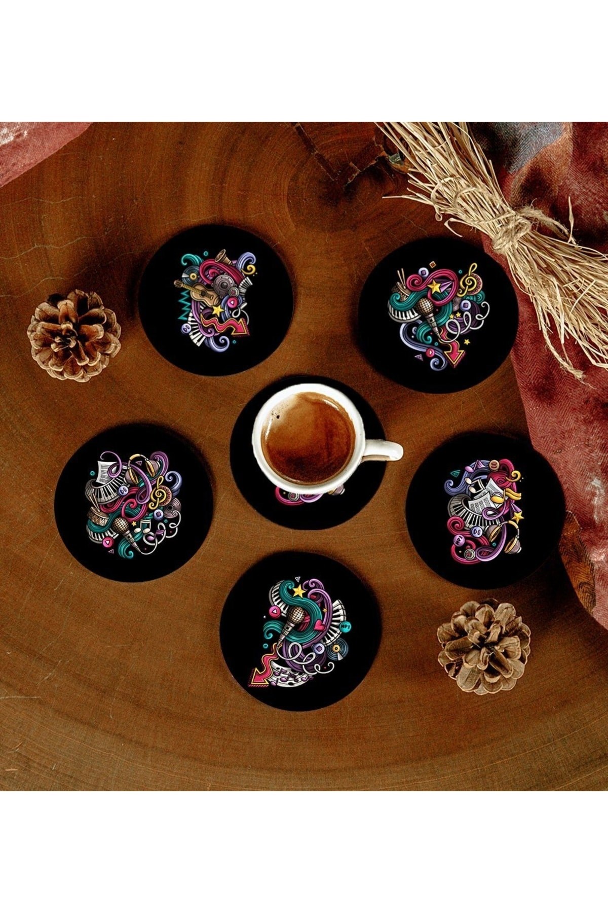 6 Adet Desenli Mdf Bardak Altlığı