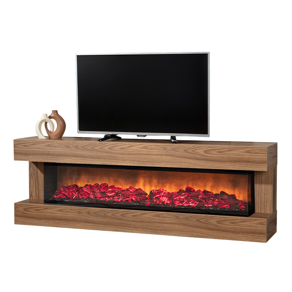 Trend’O Ceviz TV Ünitesi - 180 cm - Şömineli - Bluetooth Ses Sistemli & Kumandalı - 3 Renk LED Işıklı