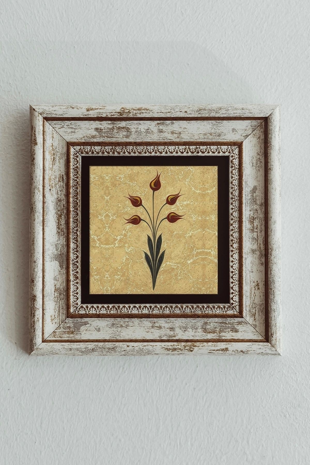 Ebru Lale Desen Çerçeveli Taş Tablo , Çerçeveli Taş Duvar Dekoru - Enkcrcvtbl-00092 20 cm