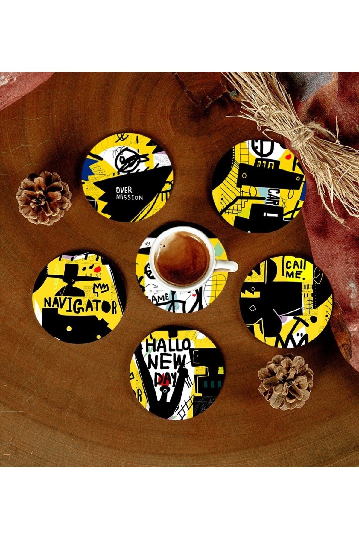 6 Adet Desenli Mdf Bardak Altlığı