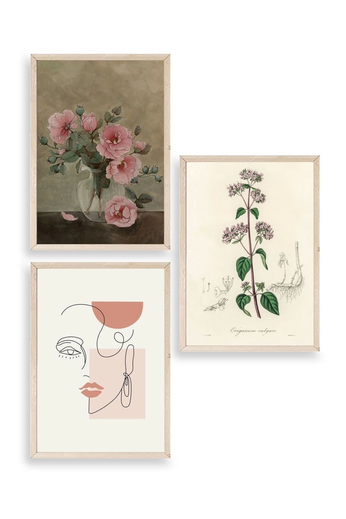 Çiçek Üçlü Ahşap Çerçeveli Tablo 23 x 30