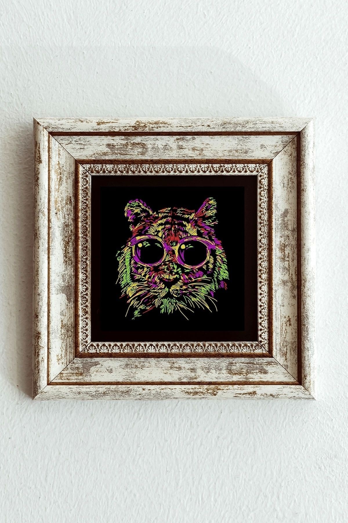 Soyut Çalışma Renkli Kedi Çerçeveli Taş Tablo , Çerçeveli Taş Duvar Dekoru - Enkcrcvtbl-00098 20 cm