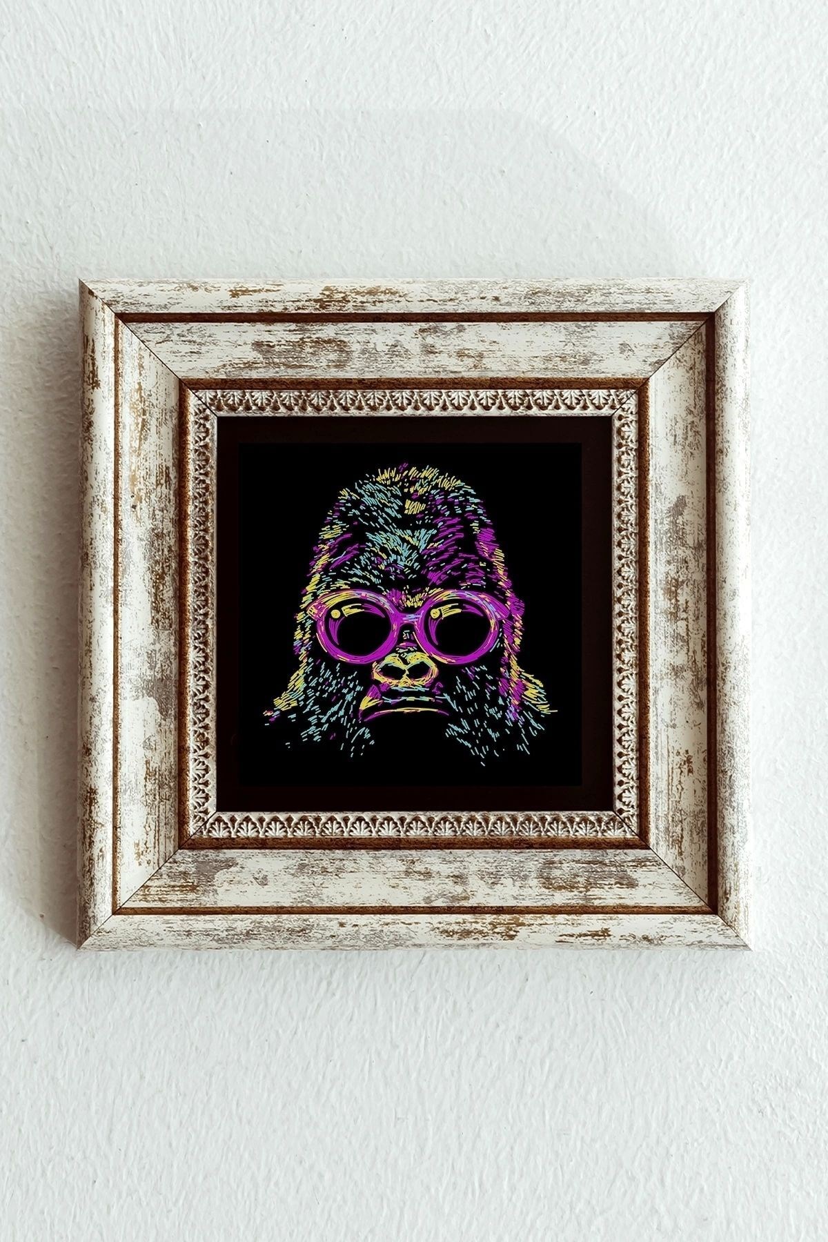 Soyut Çalışma Renkli Goril Çerçeveli Taş Tablo , Çerçeveli Taş Duvar Dekoru-enkcrcvtbl-00096 20 cm