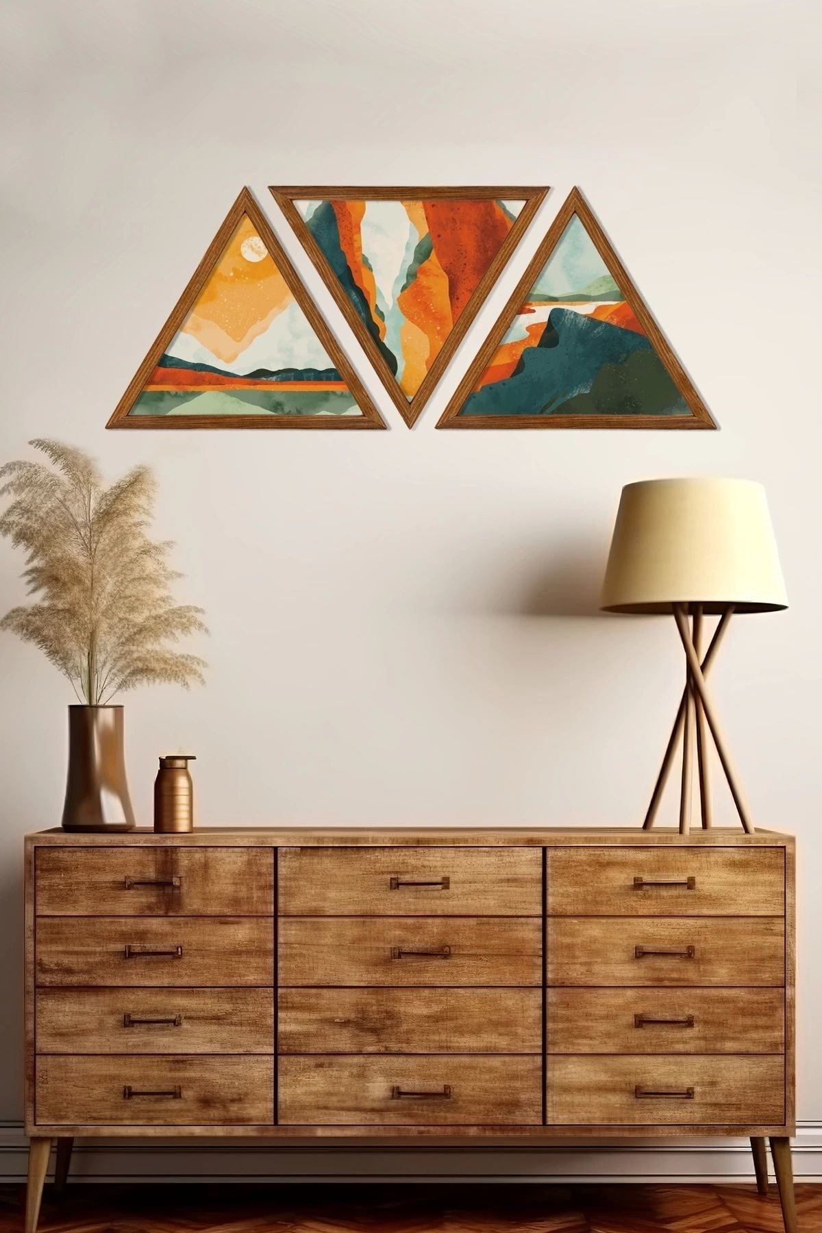 Dekoratif Üçgen Çerçeveli Ahşap Tablo Set 35 x 40