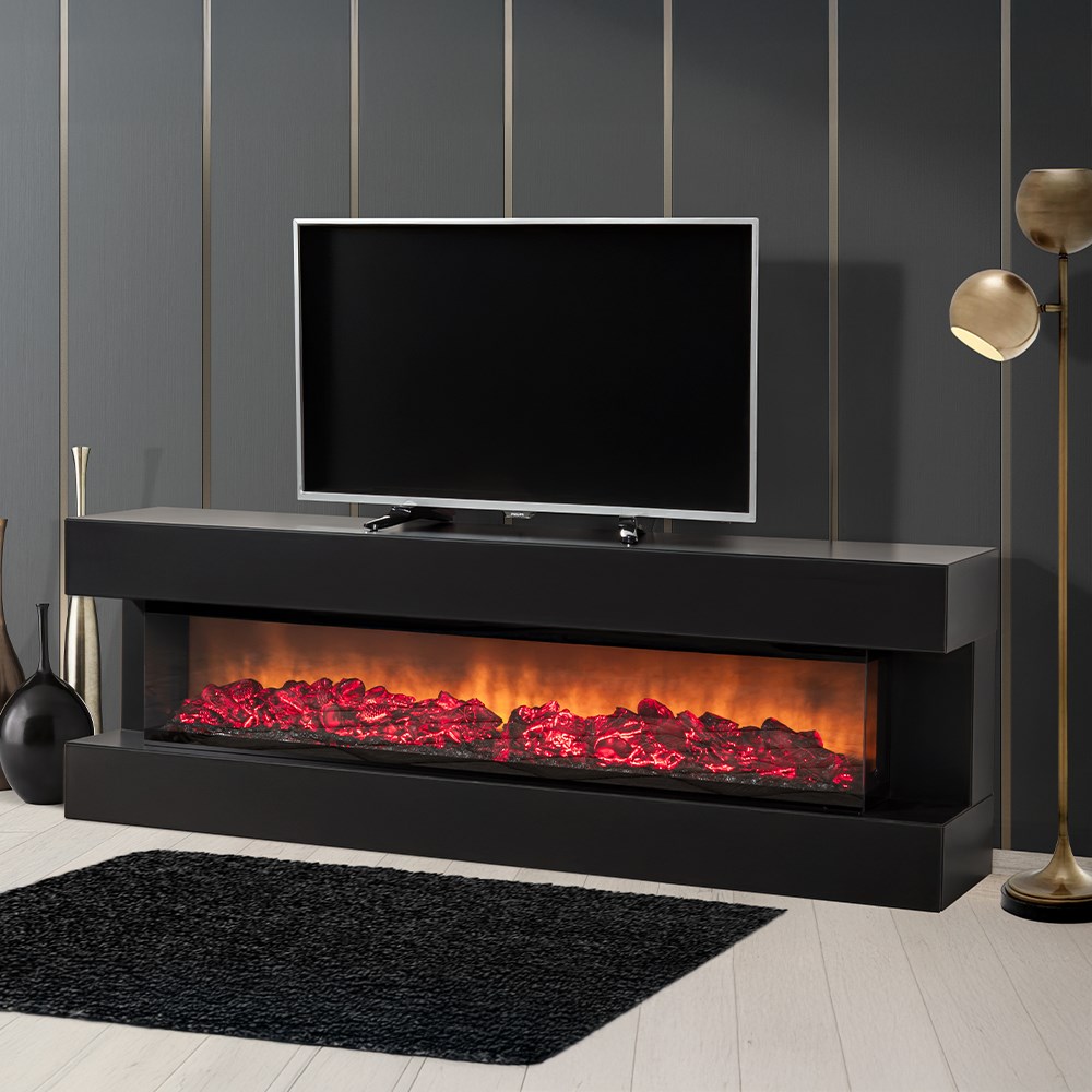 Trend’O Siyah TV Ünitesi - 180 cm - Şömineli - Bluetooth Ses Sistemli & Kumandalı - 3 Renk LED Işıklı