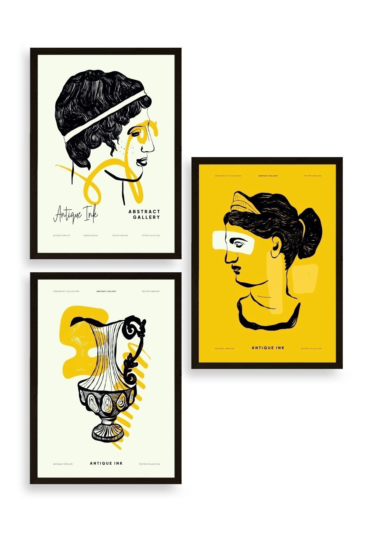 Soyut Üçlü Ahşap Çerçeveli Tablo 50 x 70