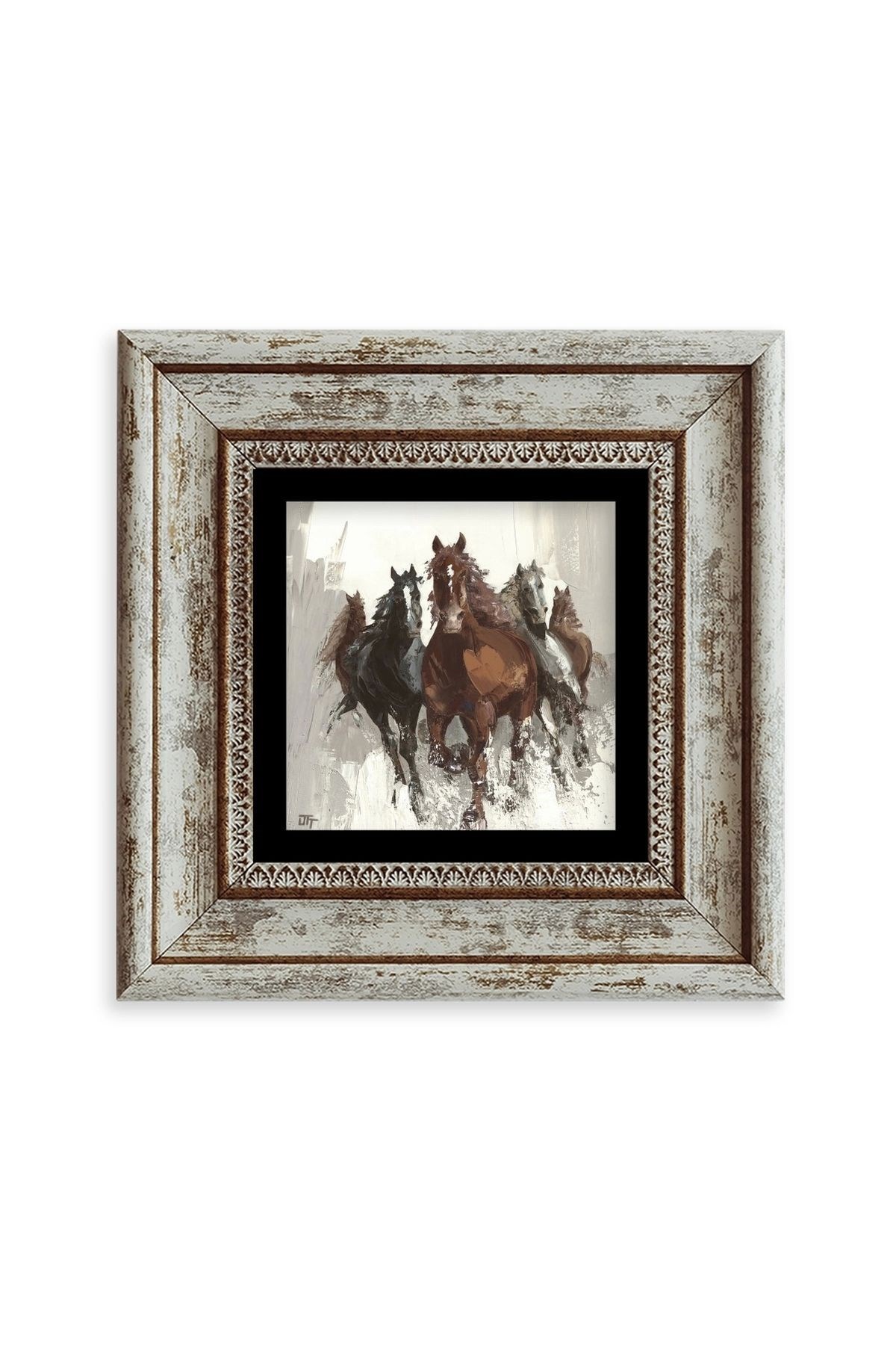 Koşan Atlar Yağlı Boya Çerçeveli Taş Tablo 20 cm