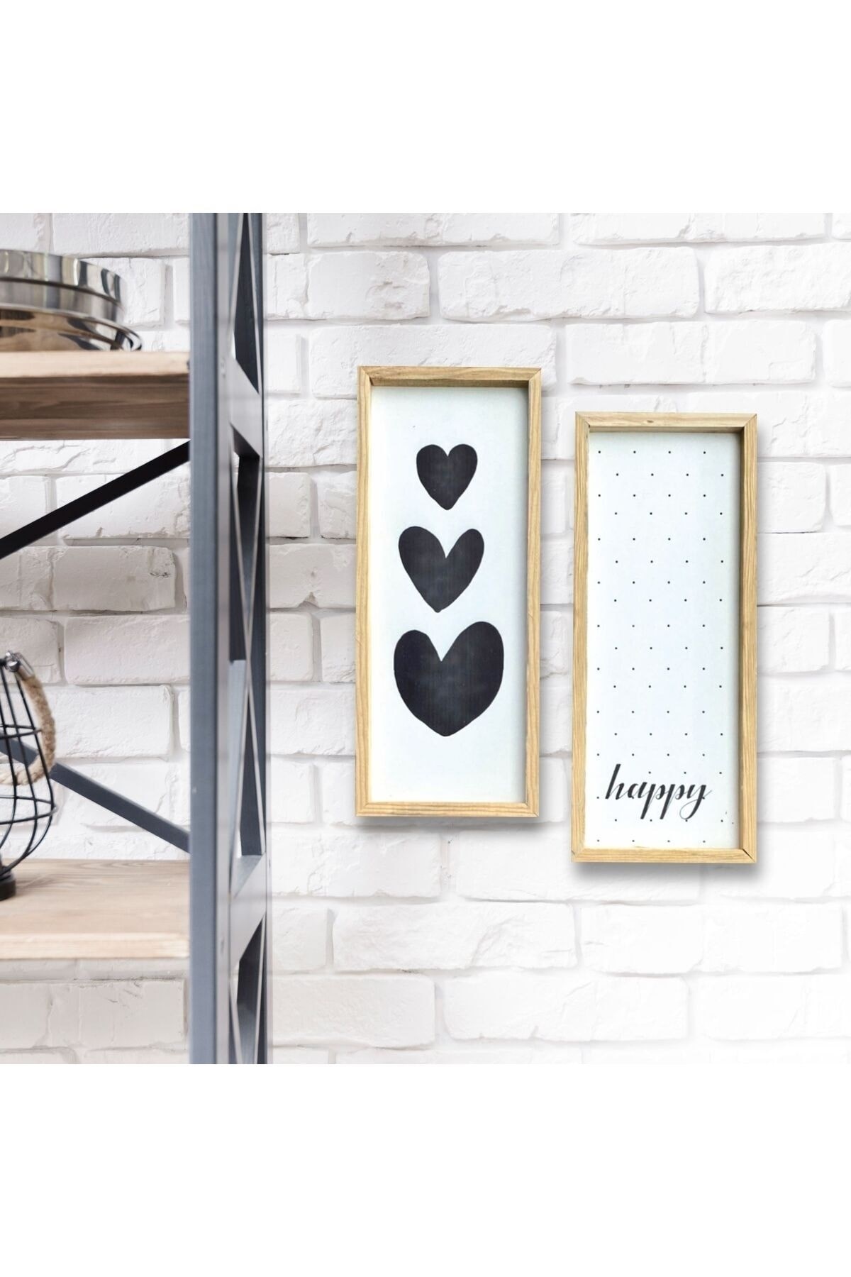 Üçlü Kalp Ve Benekli Happy Ahşap Çerçeve Çocuk Odası 50 x 110