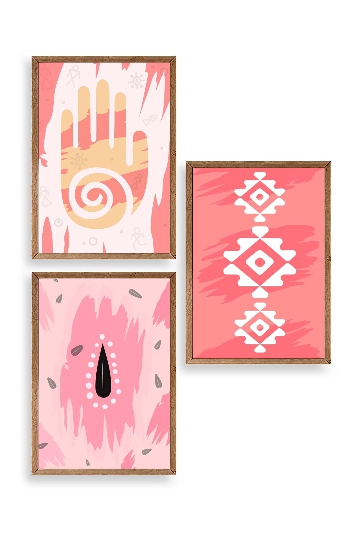 Düşündüren Şekiller Üçlü Ahşap Çerçeveli Tablo 50 x 70