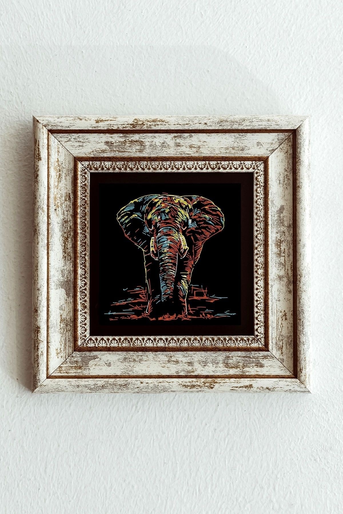 Soyut Çalışma Renkli Fil Çerçeveli Taş Tablo , Çerçeveli Taş Duvar Dekoru-enkcrcvtbl-00102 20 cm