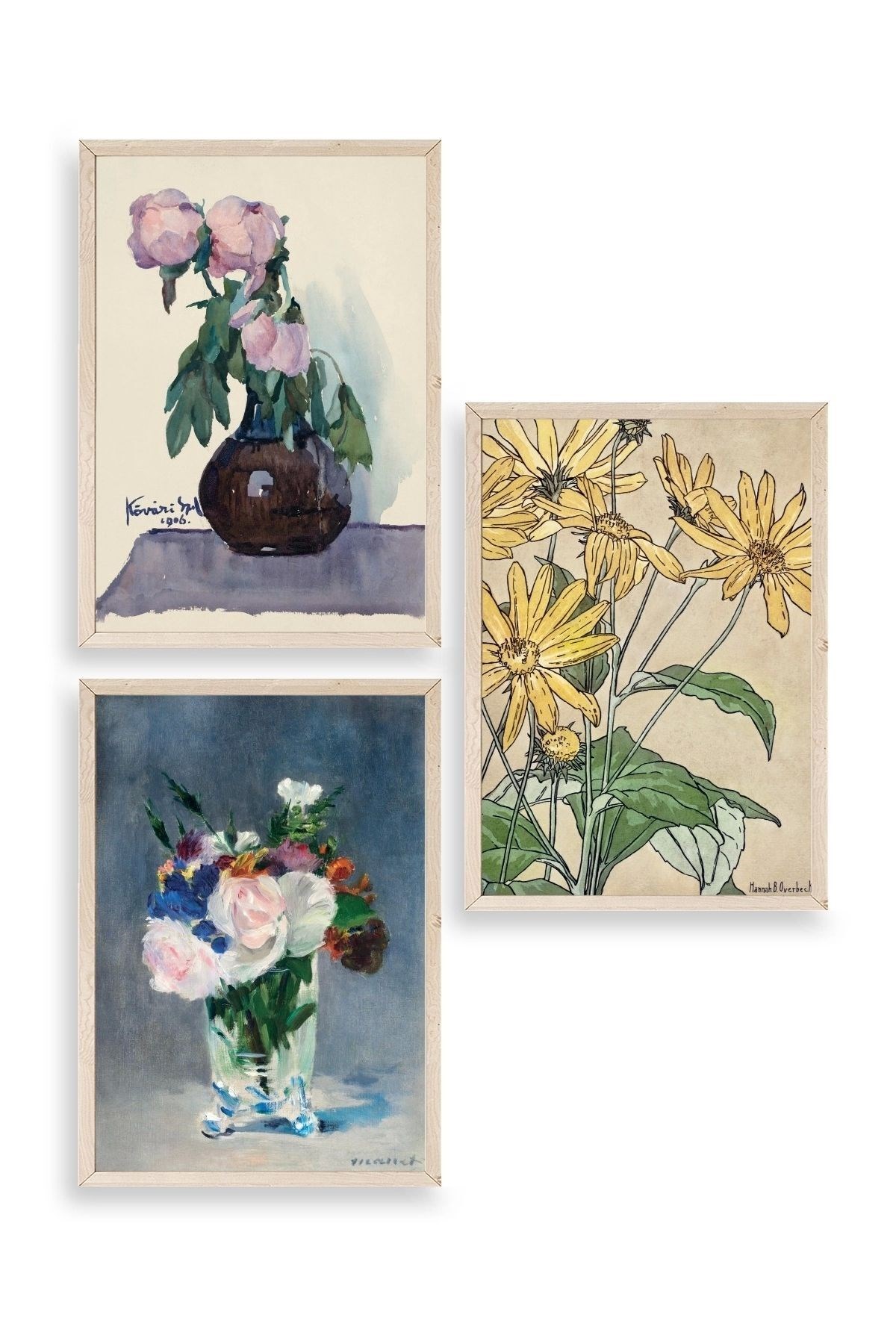 Vazodaki Çiçekler Üçlü Ahşap Çerçeveli Tablo 40 x 60