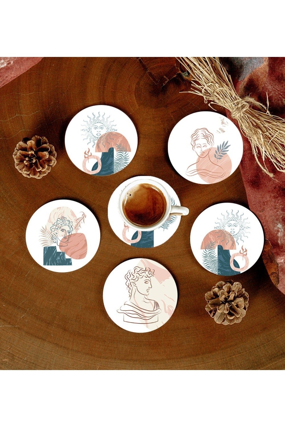 6 Adet Desenli Mdf Bardak Altlığı