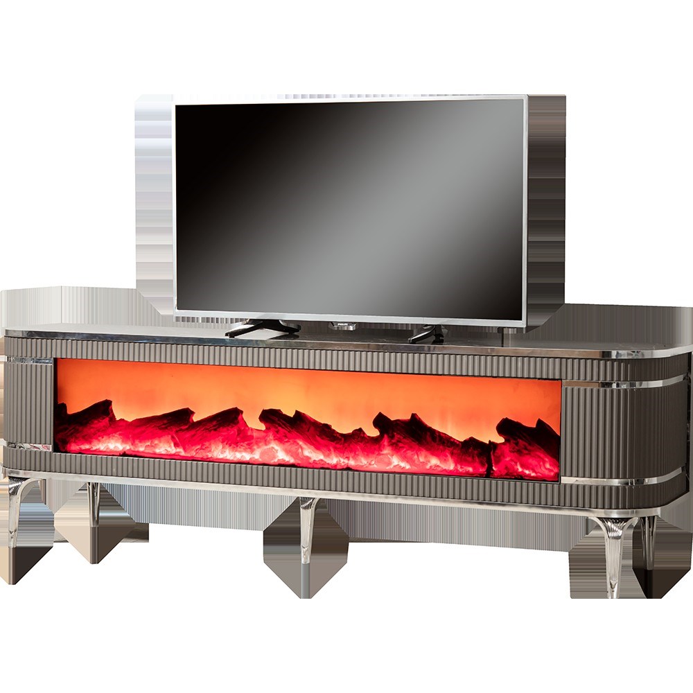 Heatwave Siyah Mermer TV Ünitesi - 180 cm - Şömineli - Bluetooth Ses Sistemli & Kumandalı - LED Işıklı