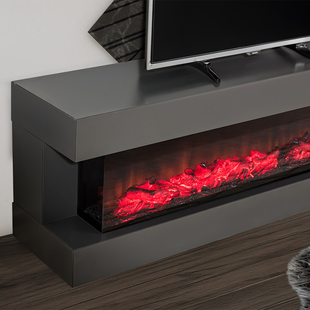 Trend’O Antrasit TV Ünitesi - 180 cm - Şömineli - Bluetooth Ses Sistemli & Kumandalı - 3 Renk LED Işıklı