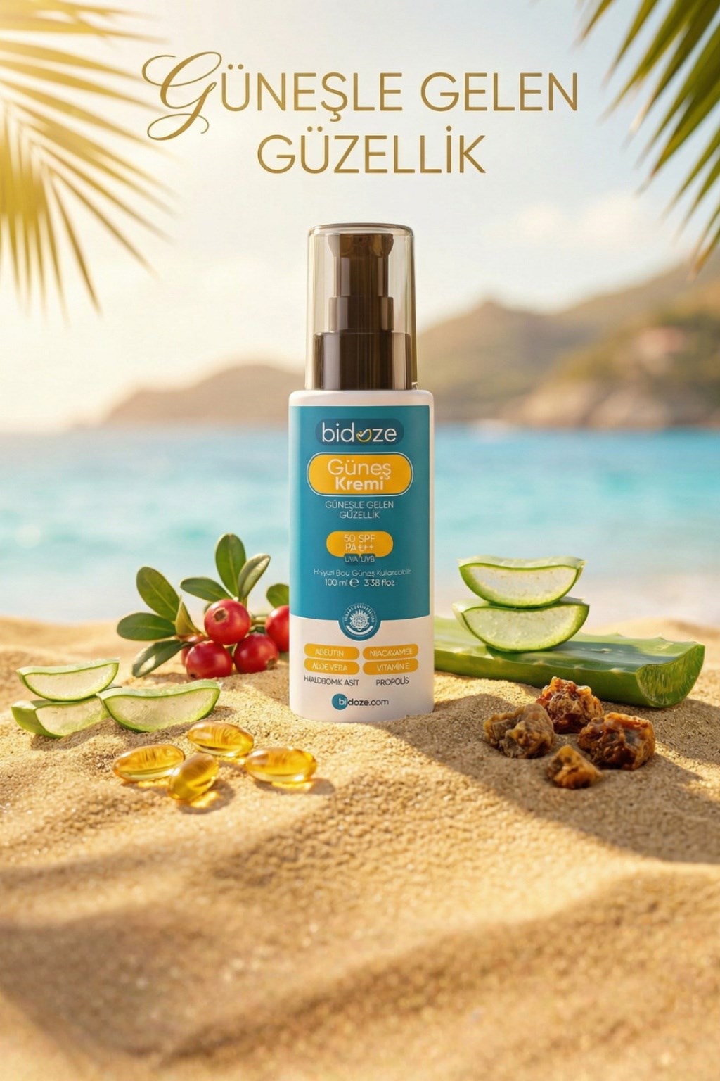 Bidoze Güneş Kremi 50+ SPF | Leke Karşıtı Onarıcı, Alpha-Arbutin Ginseng ve Kolajen