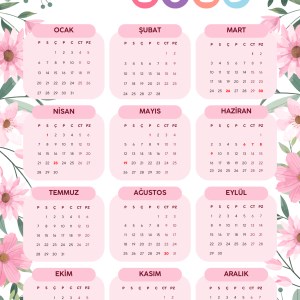 2025 Takvimi Kişiye Özel Pembe Çiçekler Detaylı Tasarım