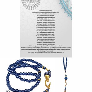 Namaz Tesbihi Vavlı 99'lu Cam İncili 35 Besmele-i Şerif Dua Kartı ile Lacivert Renk Hediyelik