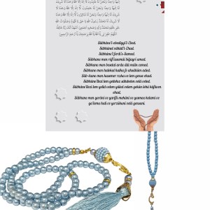 Namaz Tesbihi Vavlı 99'lu Cam İncili İsmi Azam Dua Kartı ile Mavi Renk Hediyelik