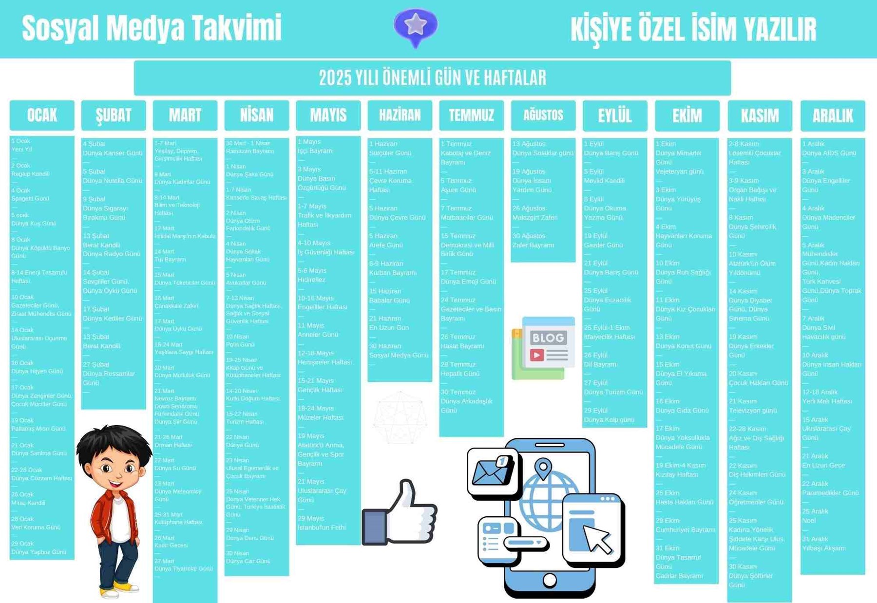 2025 Kişiye Özel Sosyal Medya Takvimi - Özel Günlerle Dolu Eğlenceli Duvar Afişi Açık Mavi