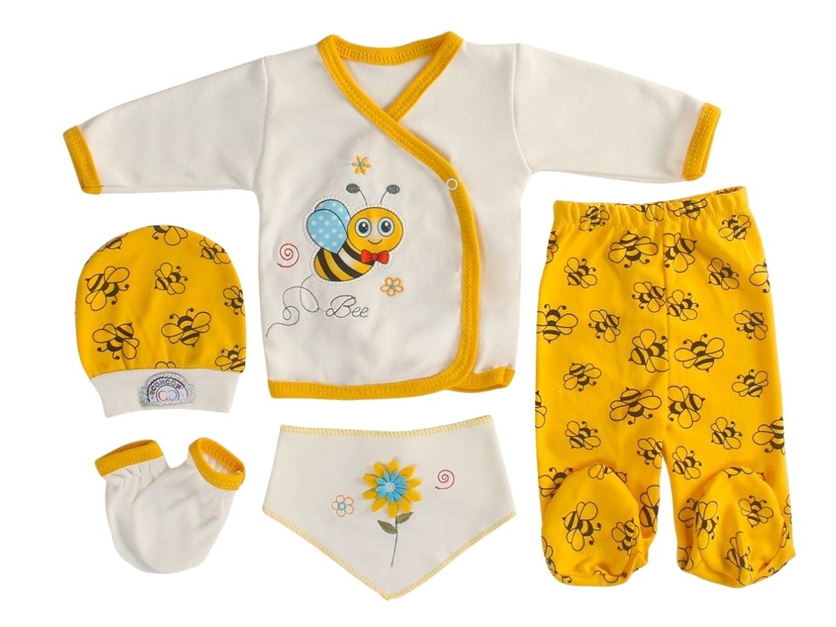 5'li Şişme Mini Arı Desenli Unisex Zıbın Takımı – Yenidoğan Seti