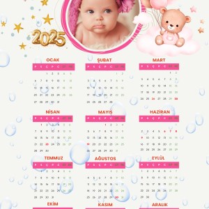 2025 Takvimi Kişiye Özel Kız Bebek Uçan Balon Su Damlalı Tasarım