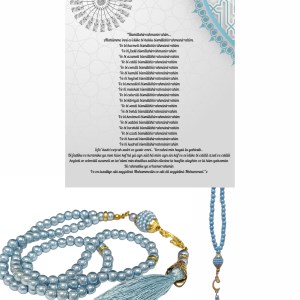 Namaz Tesbihi Vavlı 99'lu Cam İncili 35 Besmele-i Şerif Dua Kartı ile Mavi Renk Hediyelik