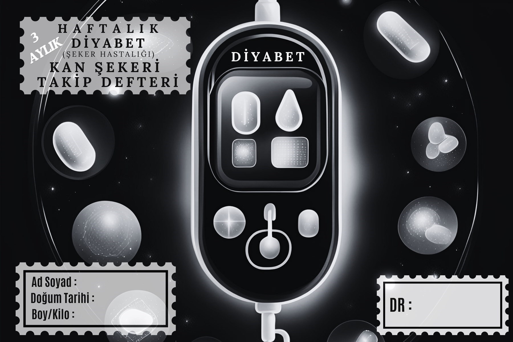 Diyabet Ölçüm Takip Çizelgesi Defteri A Kalite Özel Tasarım 3 Aylık A5 Siyah-Beyaz