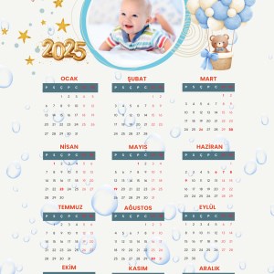 2025 Takvimi Kişiye Özel Erkek Bebek Uçan Balon Su Damlalı Tasarım